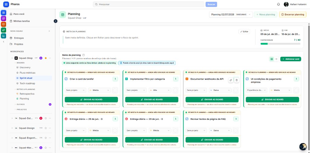 Planning com meta da sprint, barra de capacidade e itens em rascunho