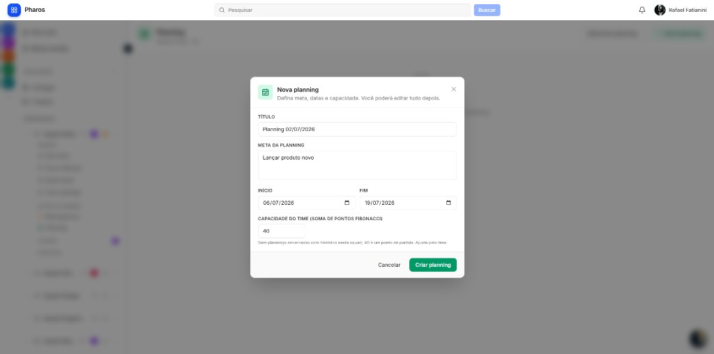 Modal Nova planning com meta, datas e capacidade em pontos Fibonacci