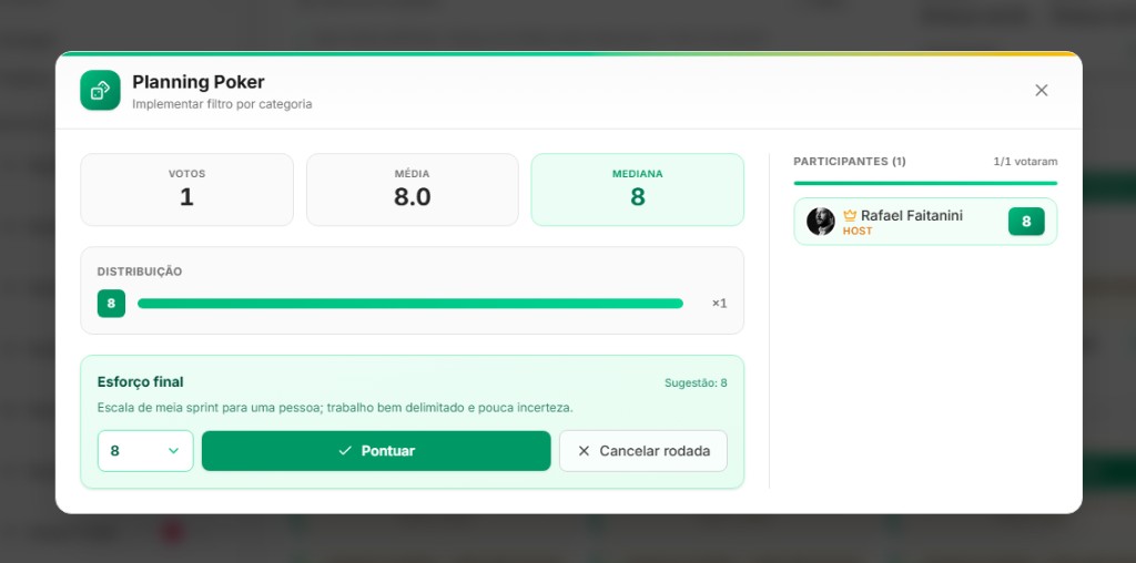 Resultado do Planning Poker com média, mediana, distribuição e botão Pontuar