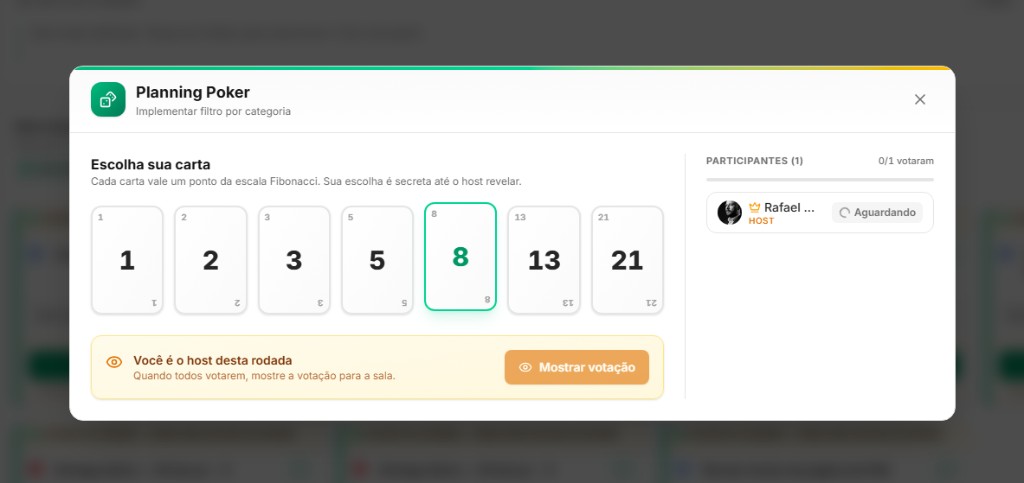 Planning Poker com escolha de carta Fibonacci e votos visíveis