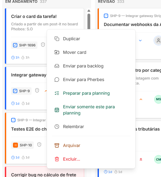 Menu de contexto do card no board com ações de planning e envio ao backlog
