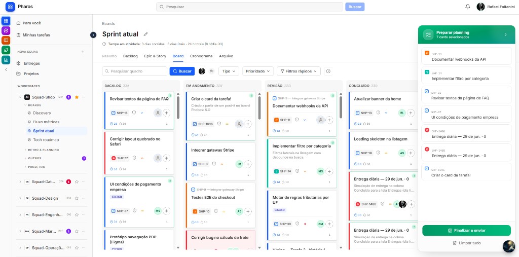 Painel Preparar planning com cards selecionados do backlog
