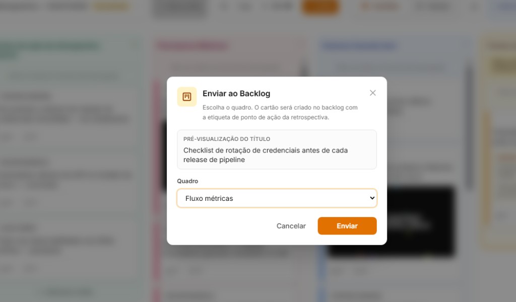 Modal Enviar ao Backlog com seleção de quadro e pré-visualização do cartão